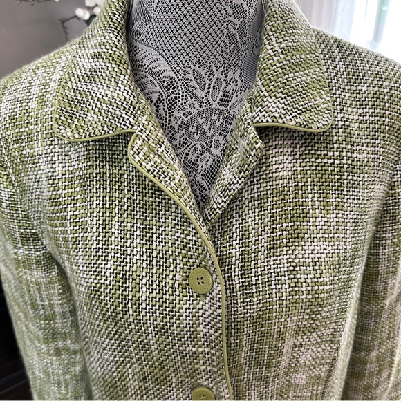 Dialogue Olive Houndstooth Tweed Trench Coat Size 10 - Picture 4 of 16